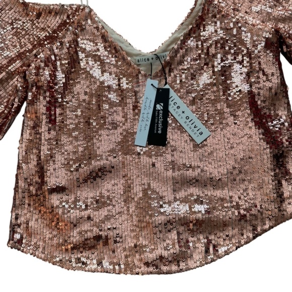 Alice + Olivia Top Womens XS Agatha Sequin Rose Gold Off The Shoulder Fairy NEW - Picture 7 of 16